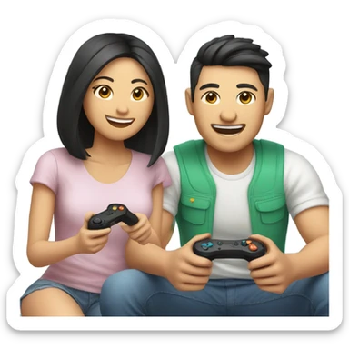Cute asian couple happily playing video games sticker