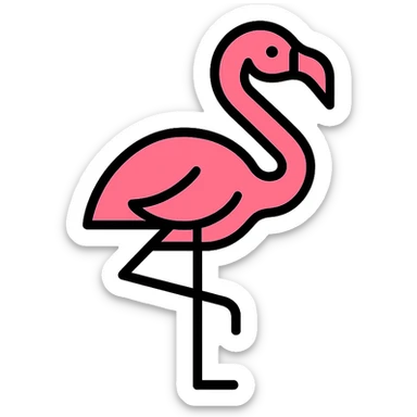 flamingo, color outline icon style, black outlines with pink color fill sticker