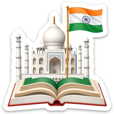An icon featuring the Taj Mahal and the flag of India, symbolizing the Hindi language. The design includes an open book, representing language learning and cultural richness. Transparent background highlights the heritage of India. sticker