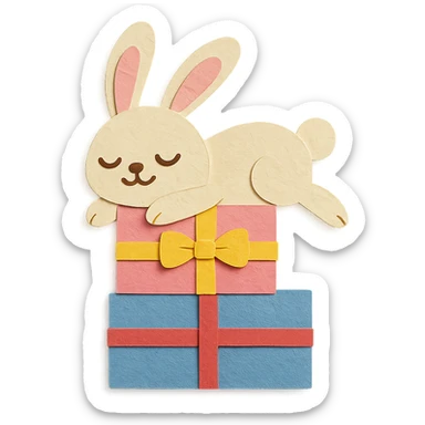 bunny lying on birthday gifts, sleepy and happy smile eyes, paper-craft style sticker