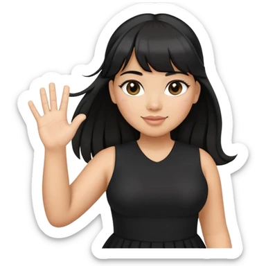 Latina girl with bangs black long hair in pony tail plus size black dress waving hand hello sticker