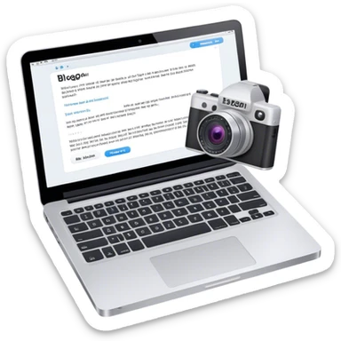 Create an emoji representing blogging. The design should feature an open laptop with a visible blog post on the screen, showing text. Add a photo or video camera to emphasize multimedia content. Do not include any emojis or smiley faces. Make the background transparent. sticker
