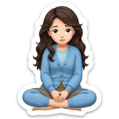 Juli – Cewe Perasa Kulit putih lembut, rambut coklat gelap panjang bergelombang natural, terurai. Pakai cardigan biru muda terang Duduk sambil peluk lutut ekspresi sendu tapi manis. sticker