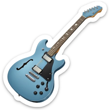 A gray-blue electric guitar with a black pick guard and only one volume knob, make the head tan sticker