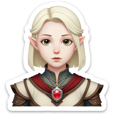 DnD character. The composition is centered, showing only the head and chest, ensuring perfect symmetry and alignment. We can see the character's entire outfit. sticker