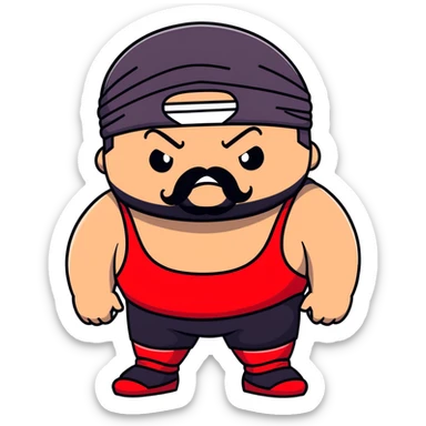 Extreme close-up of face of morbidly obese white skin guy with young face, prominent BLACK DURAG tied clearly on head, distinct black beard and mustache, black eyes in a red and black wrestling singlet with angry expression sticker