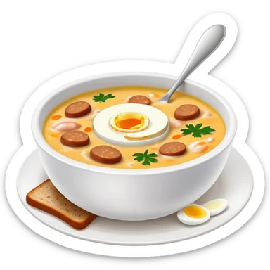 cinematic-realistic zurek-soup-dish-emoji,-depicted-as-a-tangy,-creamy-rye-soup-with-sausage-and-boiled egg-rendered-with-detailed-textures-and-warm,-comforting-lighting. sticker
