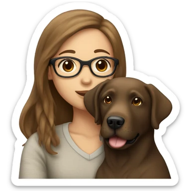A Labrador retriever cuddles with a girl with brown hair, glasses and a nose piercing sticker