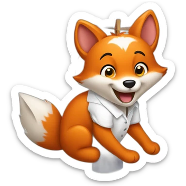 a happy Fox wearing a white shirt doing laundry and hanging clothes on a Washing Line sticker