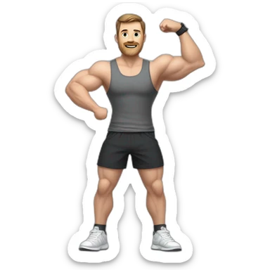 Full height realistic Actively gesturing with hands Pale skinned Fit Man With the biceps and brown hair in dark gray Sleeveless Mike, black oversize sports shorts, watch and white Sneakers sticker