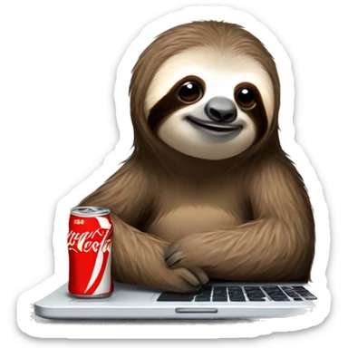 tired sloth with coca cola can and laptop sticker