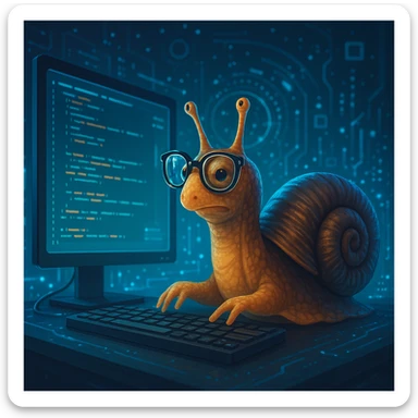 a snail with glasses typing code on a computer, techy vibe, digital art sticker