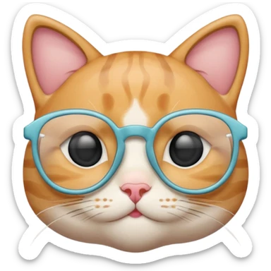 A cute cat emoji wearing geek-chic glasses, minimal design, simple shapes, soft pastel colors, clean vector style, centered composition, emoji style, smooth lines, subtle shadow, high resolution, transparent background, PNG format, no background sticker
