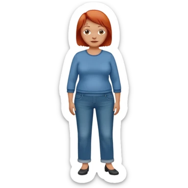 Lazy old Short woman with straight short red hair and fat tummy..wears business casual loose jeans and full sleeve  tshirt. Not smart looking ill fitting clothes sticker