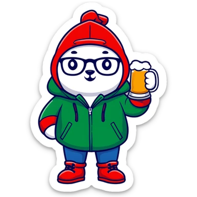 Catfish in a red winter jacket with hood, wearing round glasses, blue jeans, red boots, holding a beer can with a red label sticker