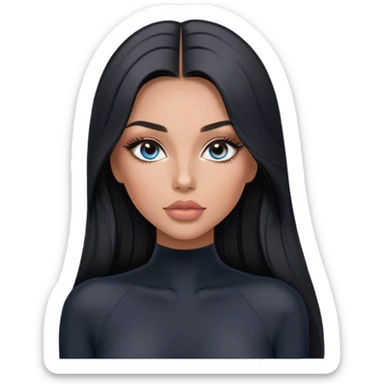 Glamours, tanned, very beautiful girl, with big pump peach-beige-rose lips, long long lashes, black straight smooth silky long hair, straight parting hair, blue-grey eyes in black long-sleeves bodysuit sticker