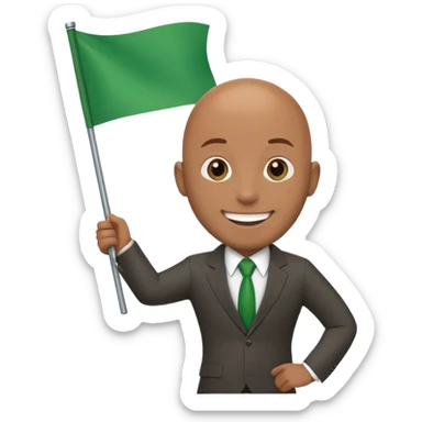 Create a emoji of a man in a suit brown skin with bald holding a blank green flag smiling sticker