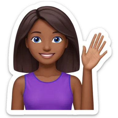 Dark brown hai woman with shoulder-length hair, blue eyes, wearing a purple top, smiling with one hand raised to the side, palm facing up. The gesture looks like she’s presenting something, offering help, or saying “Here you go!”

 sticker