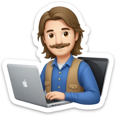 A DEVELOPER WITH A laptop, USING inFORMAL CLOTHES, long hair, mustache sticker