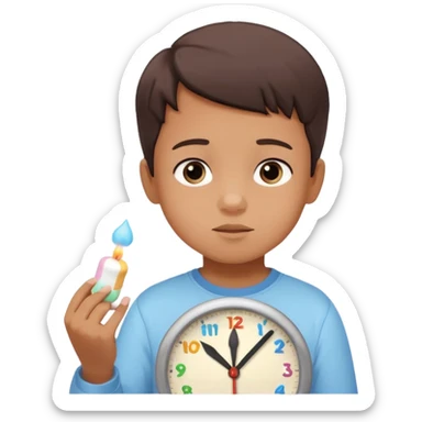 Emoji-style marshmallow test, child choosing between 1 marshmallow now and 2 later, clock above showing 15 minutes, cute lighting and pastel colors sticker