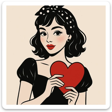 coquette with red lips, holding a heart, stylish and charming, modern illustration sticker
