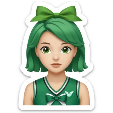 Sydney Taylor with green Hawkins Cheerleader no sleeve uniform, green bow on her hair sticker
