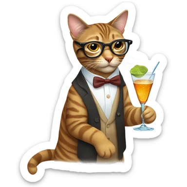 Tabby cat with glasses sipping on a martini  sticker