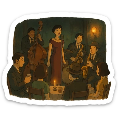 1940s jazz nightclub scene, ghibli style, moody lighting, no text sticker
