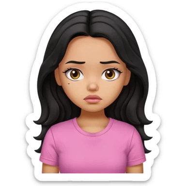 a pretty bratz girl with long wavy black hair, wearing a pink tshirt. looking sad sticker