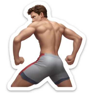 Tom Holland in a jock, backwards view, stretching glutes sticker