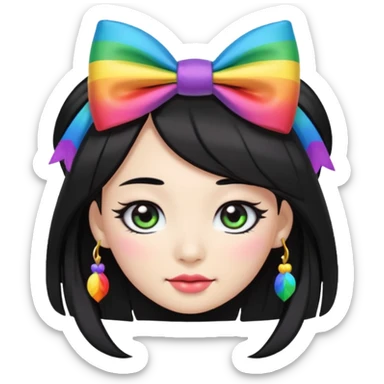 asian emoji face with long hair with very thick black eyeliner and rainbow bow on head sticker
