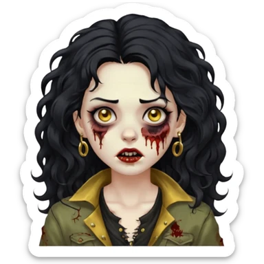 Create a zombie woman with voluminous wavy hair and a gold nose piercing. sticker