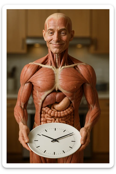 corpo umano anatomico, che tiene in mano un piatto bianco con la lancette di un orologio sopra, figura visibile fino ai fianchi, espressione del volto soddisfatta, sullo sfondo la sua cucina sfocata, iperrealistico 4k sticker