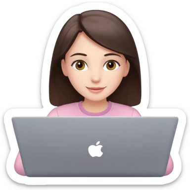 happy white brunette girl with hazel eyes in light pink using laptop sticker