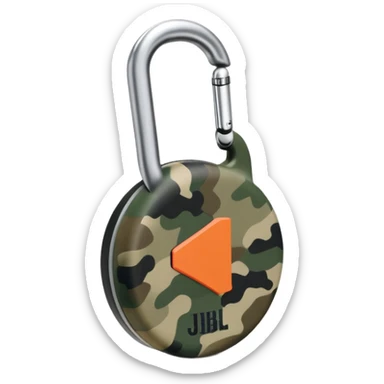 Extremely simplified JBL Clip 4, flat design with subtle camouflage pattern, single carabiner hook, iOS emoji style sticker