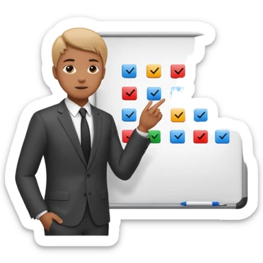 Create a realistic emoji of a person making some decisions in front of a grounp while standing in a office. the team is sitting while the leader stands next to a white board sticker