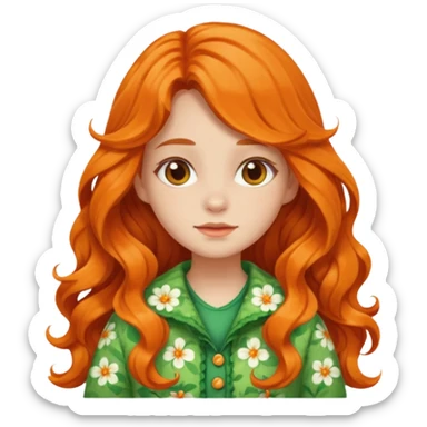 orange wavy long hair girl with wearing green cottage core flowery clothes sticker