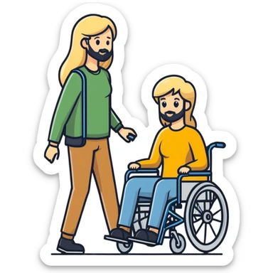 Long blonde haired mom pushing the wheel chair with a man with a beard sticker