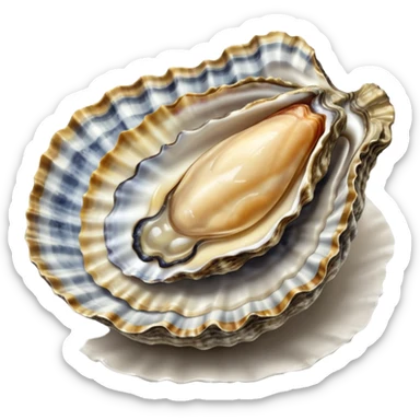 raw oyster, open on half shell, textured irregular shell, grey and brown, glistening flesh, translucent moist interior, natural folds, creamy grey-beige, no lemon, ice, plate, garnish, or faces, clean 3D, soft shadows, transparent background, emoji scale sticker
