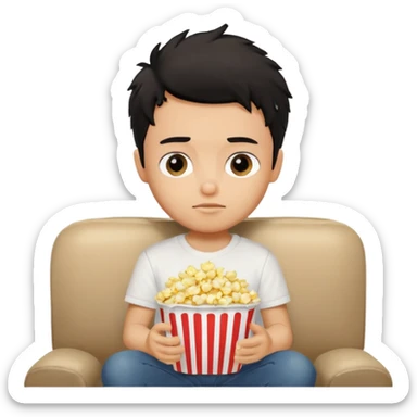 generate a pretty tan bratz boy with black messy hair eating popcorn and watching tv, wearing white tshirt sticker