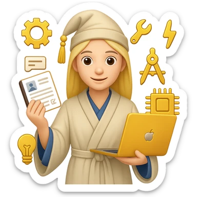Create an emoji style image of a wizard in a white cloak, holding a resume and a laptop, surrounded by engineering icons. The engineering icons should be gold in color. The style should reflect the look of apple style emojis with concise details and vibrant colors. sticker