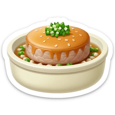 Emoji of a Chinese steamed pork patty in a small dish, topped with chopped scallions, soft texture, minimal style. sticker