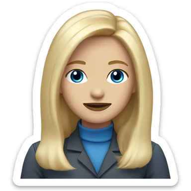 almost blonde, shoulder-length hair. The sticker itself is shoulder-length. Blue eyes. almost full lips and a mole nose and a mole sticker
