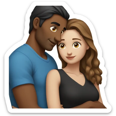 Couple embracing with arms around each other; white woman with blue eyes and brown hair, Indian man with black hair  sticker