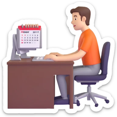 person at a computer with a calendar showing Friday sticker