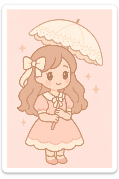 a girl in coquette style holding a lace parasol, long wavy hair with a bow, vintage-inspired outfit, soft pink and cream palette, gentle smile sticker