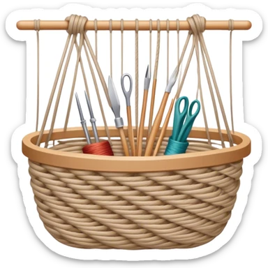 Weaving icon, various types of weaving such as basket weaving, macramé, and loom weaving, showing intertwined threads or ropes, weaving tools like shuttle, crochet hook, and loom, minimalistic style, clean lines, transparent background. sticker
