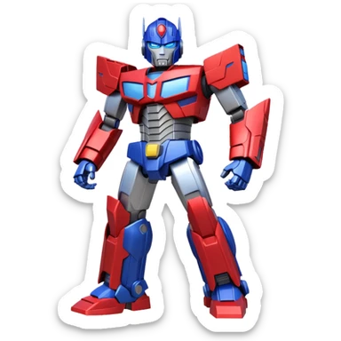 Optimus Prime in a battle pose, stylized emoji character, bold colors, metallic details sticker