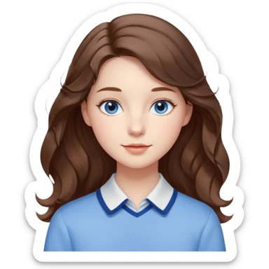 Realistic Student Portrait, with porcelain-like skin featuring a natural rosy flush, illuminated by soft lighting that highlights the gentle contours of her face. Her Brunette hair flows in soft, Her deep blue eyes radiate warmth and innocence,  wear light blue preppy style. sticker
