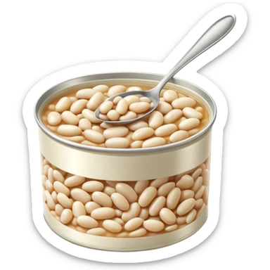 open tin can filled with plump glossy white beans in light slightly starchy broth, smooth oval beans gently piled with natural glisten, metallic shallow partially opened can, no label spoon or garnish, soft lighting, subtle shadows, emoji scale sticker